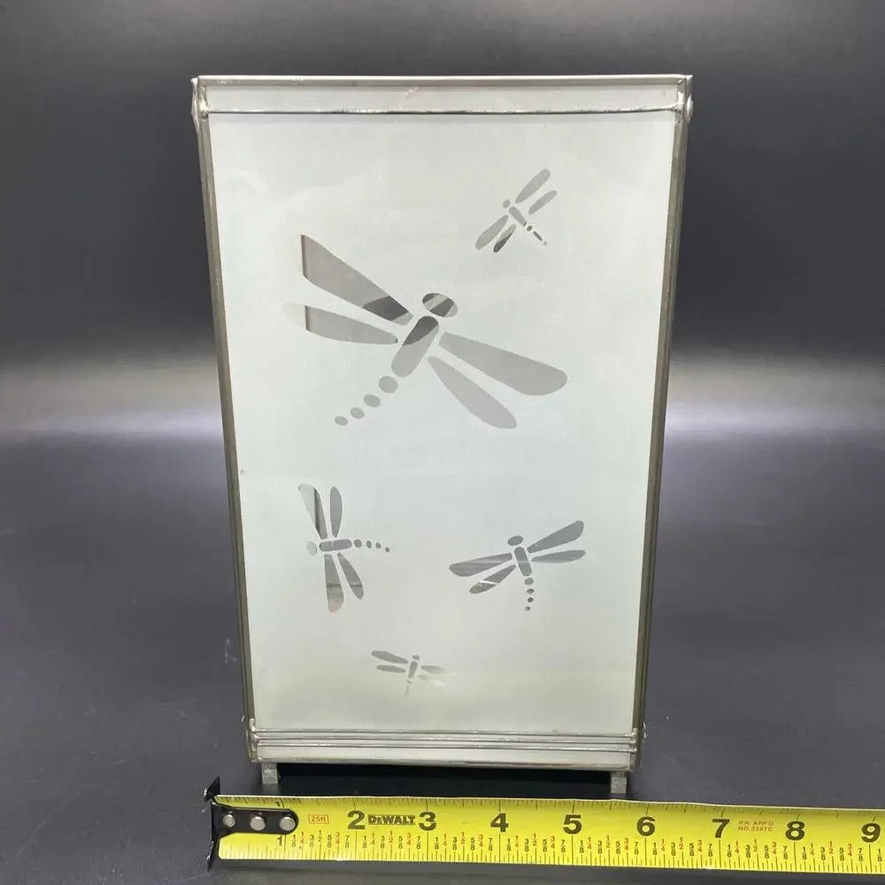 HTF Dragonfly Lantern Frosted Glass With Metal Edges Etched Design Candle Holder